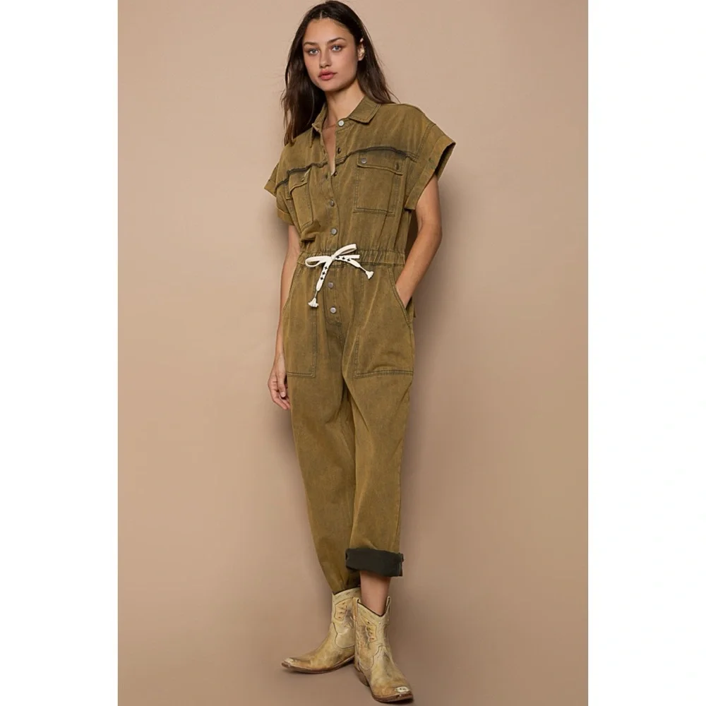 POL Olive Mineral Washed Button Front Adjustable Waist Denim Jumpsuit - Picture 3 of 8